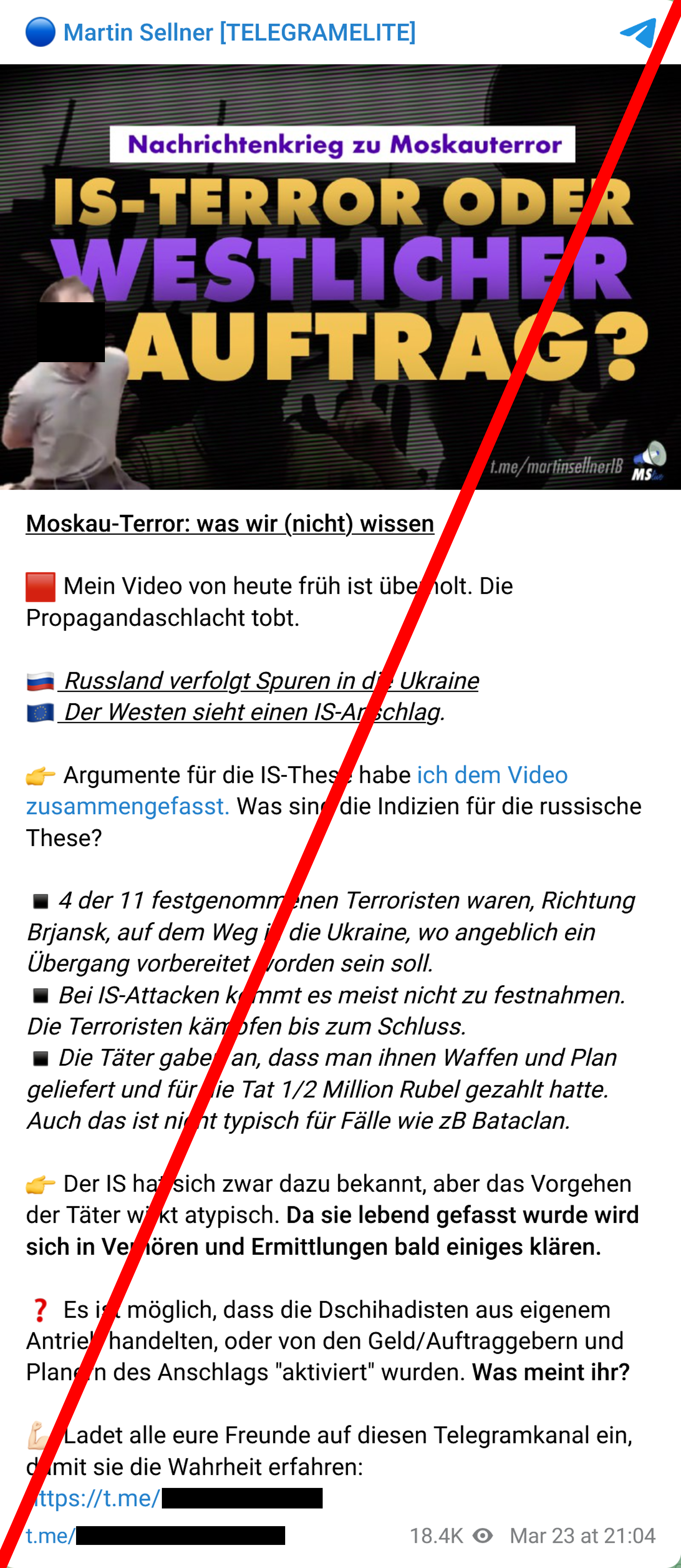 Screenshot aus Telegram: 'Martin Sellner [TELEGRAMELITE]' teilt einen Beitrag unter den Titeln 'Nachrichtenkrieg zu Moskauterror: IS-Terror oder westlicher Auftrag?' und 'Mokau-Terror: was wir (nicht) wissen'